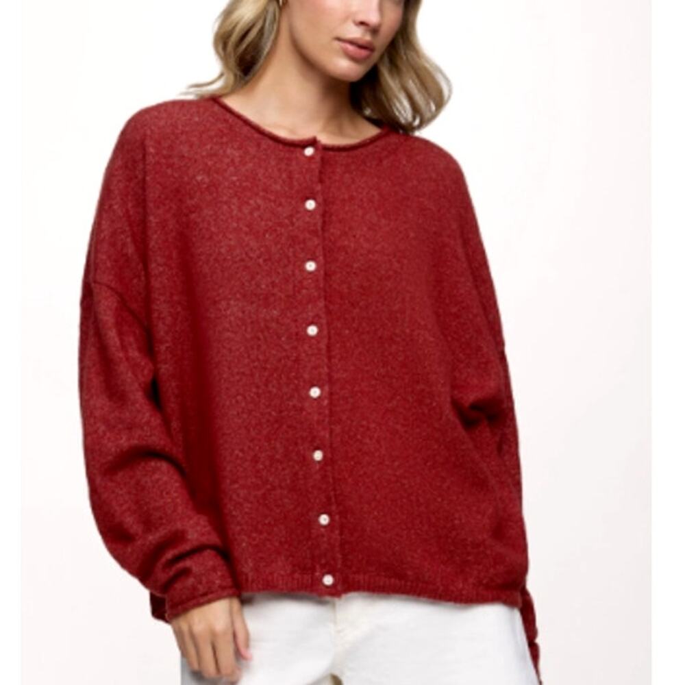 Nuuds Cozy Knit Boxy Cardigan Heather Scarlet Size XS/S